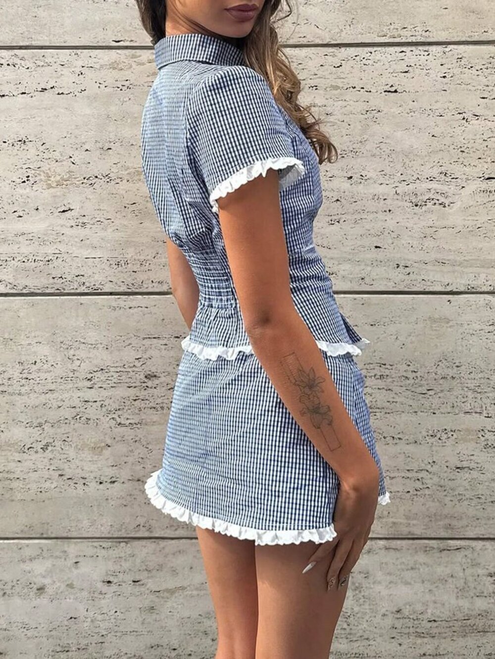 Multicolor Chic Women's Puff Sleeve Waist Shirt & Bodycon Plaid Skirt Set Trim - Picture 2 of 6